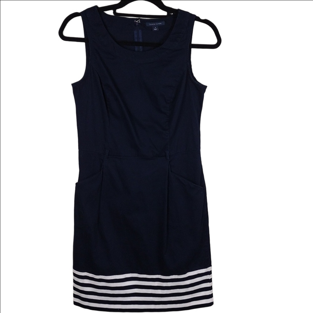 Tommy Hilfiger Navy White Striped Hem Scoop Neck Sleeveless Zipper Back Dress